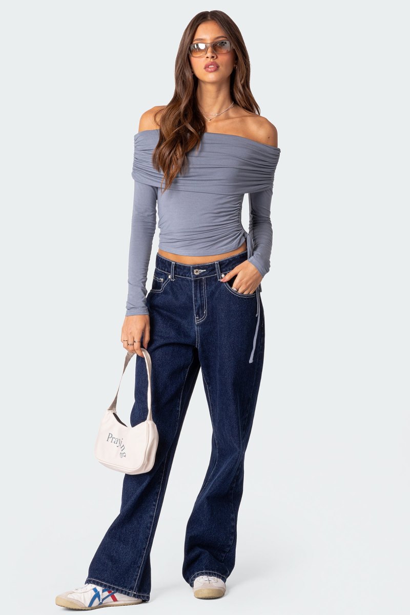 Edikted Gathered Fold Over Drawstring Long Sleeve Tops Black | USA XM659805H4