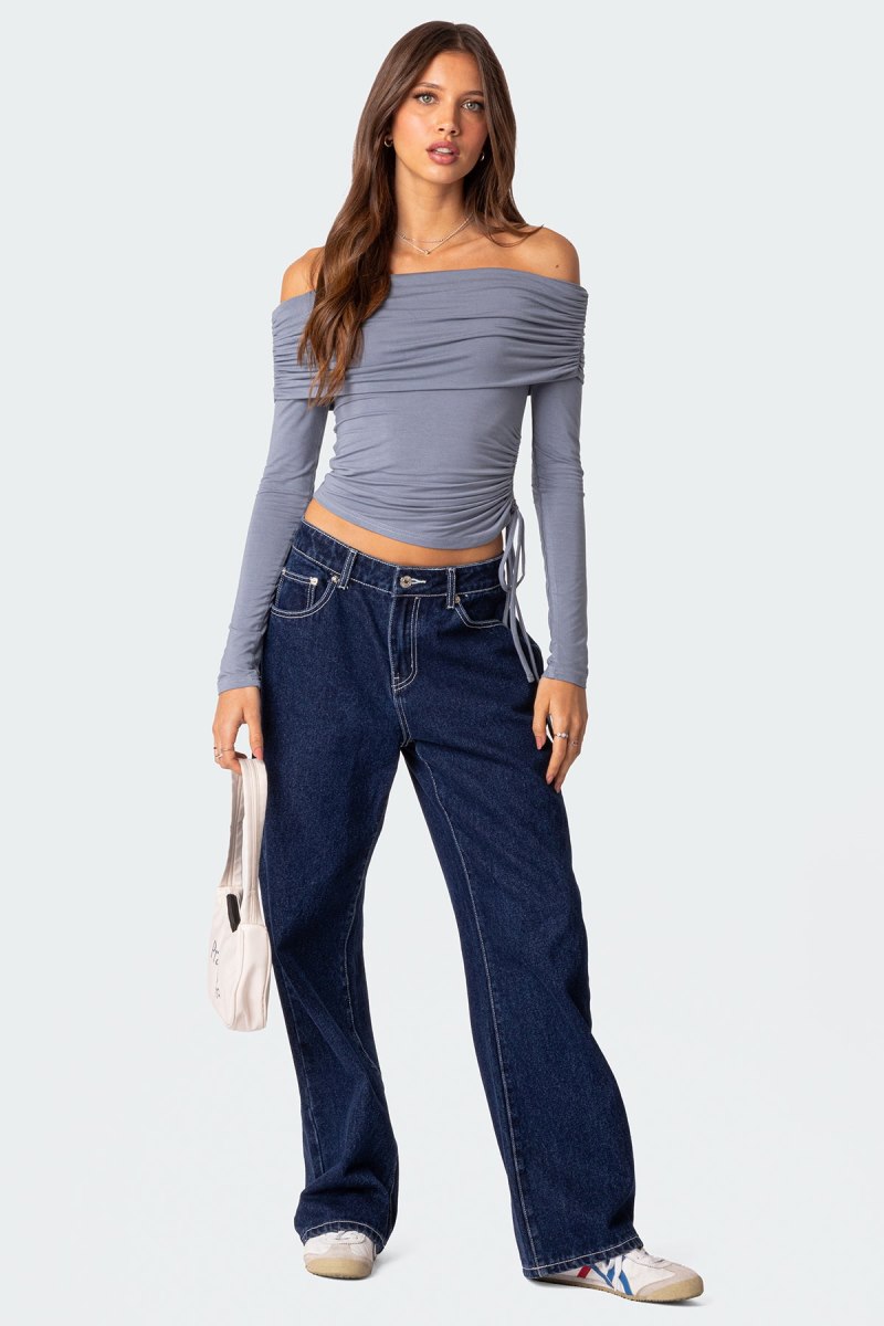 Edikted Gathered Fold Over Drawstring Long Sleeve Tops Black | USA XM659805H4