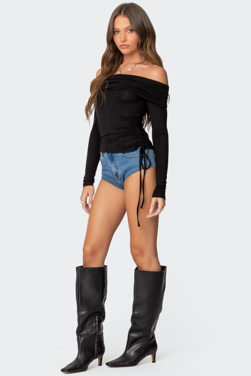 Edikted Gathered Fold Over Drawstring Long Sleeve Tops Black | USA OM564216K7