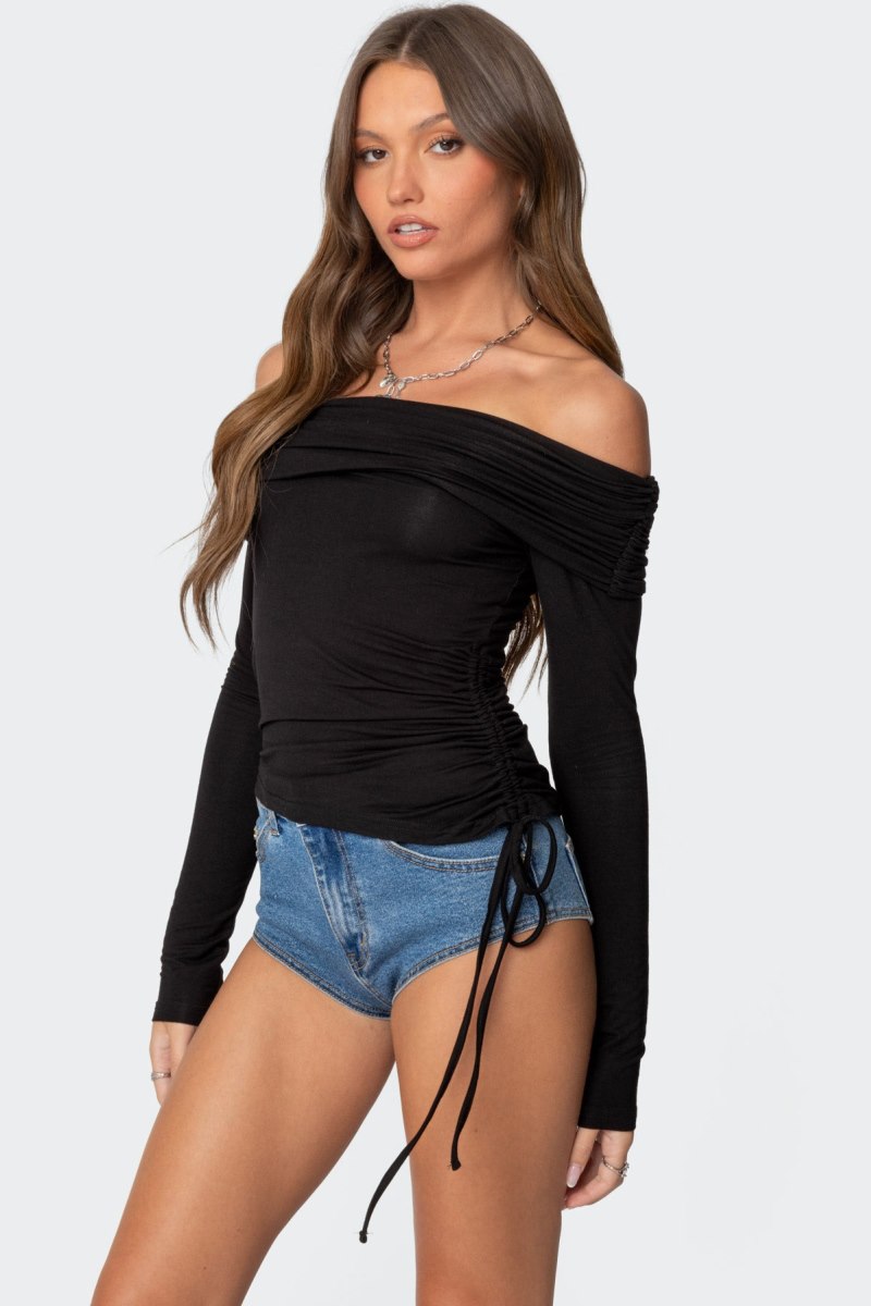 Edikted Gathered Fold Over Drawstring Long Sleeve Tops Black | USA OM564216K7