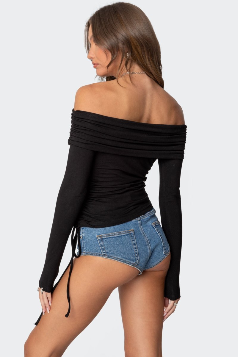 Edikted Gathered Fold Over Drawstring Long Sleeve Tops Black | USA OM564216K7