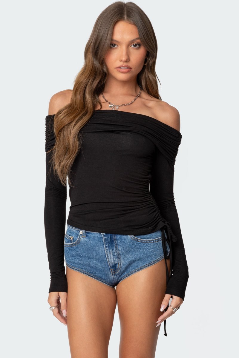 Edikted Gathered Fold Over Drawstring Long Sleeve Tops Black | USA OM564216K7