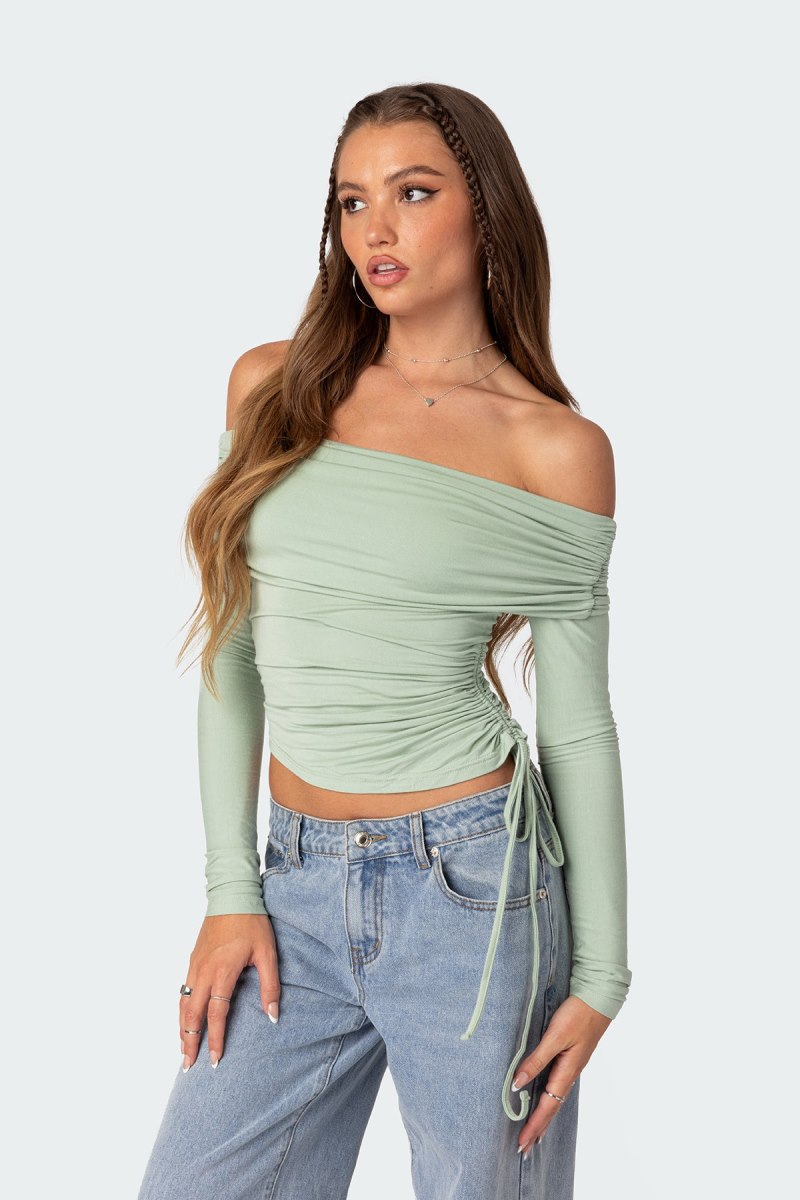 Edikted Gathered Fold Over Drawstring Long Sleeve Tops Black | USA ZU932613F8