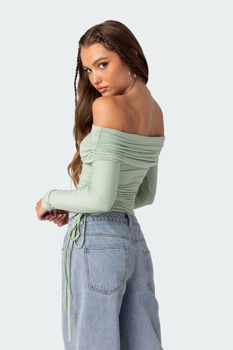 Edikted Gathered Fold Over Drawstring Long Sleeve Tops Black | USA ZU932613F8