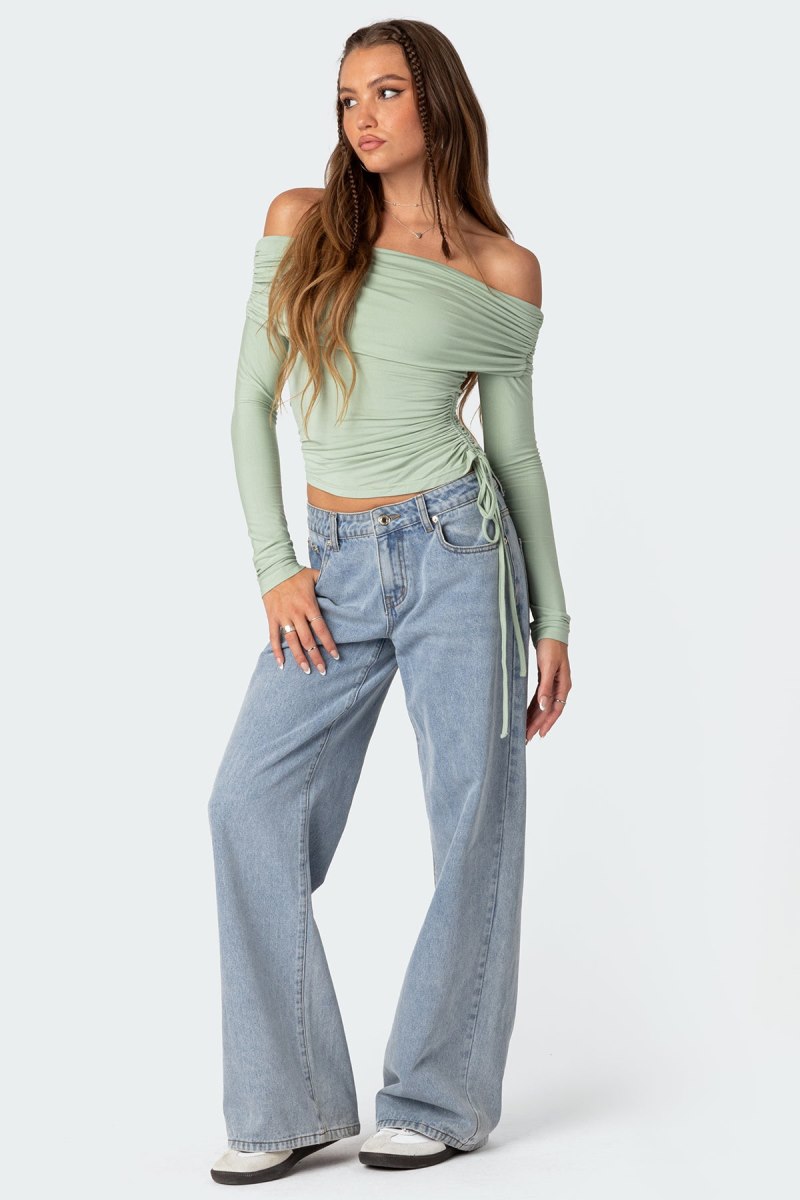 Edikted Gathered Fold Over Drawstring Long Sleeve Tops Black | USA ZU932613F8