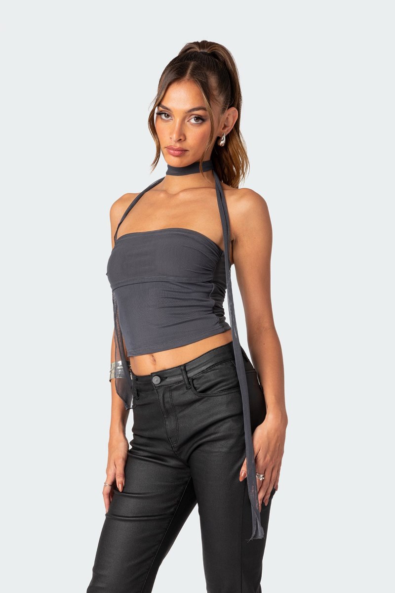 Edikted Gathered Two Piece Mesh Scarf Strapless Tops Dark Gray | USA CU054415E6