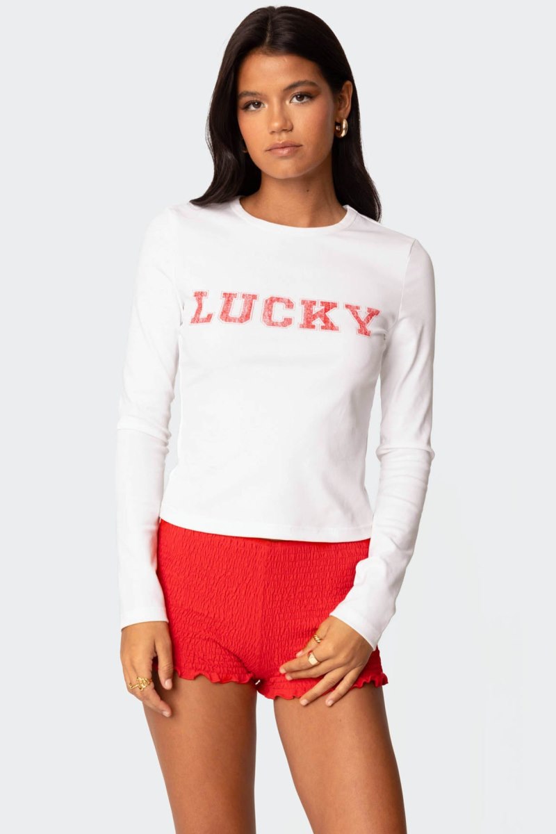 Edikted Get Lucky Long Sleeve T Shirt Graphic Tops White | USA II660386N0