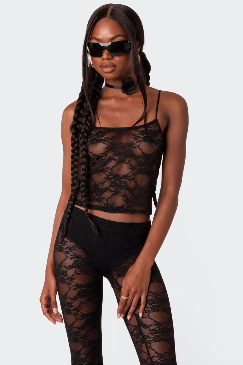 Edikted Gianna Sheer Lace Tank Top Black | USA UK443264M4