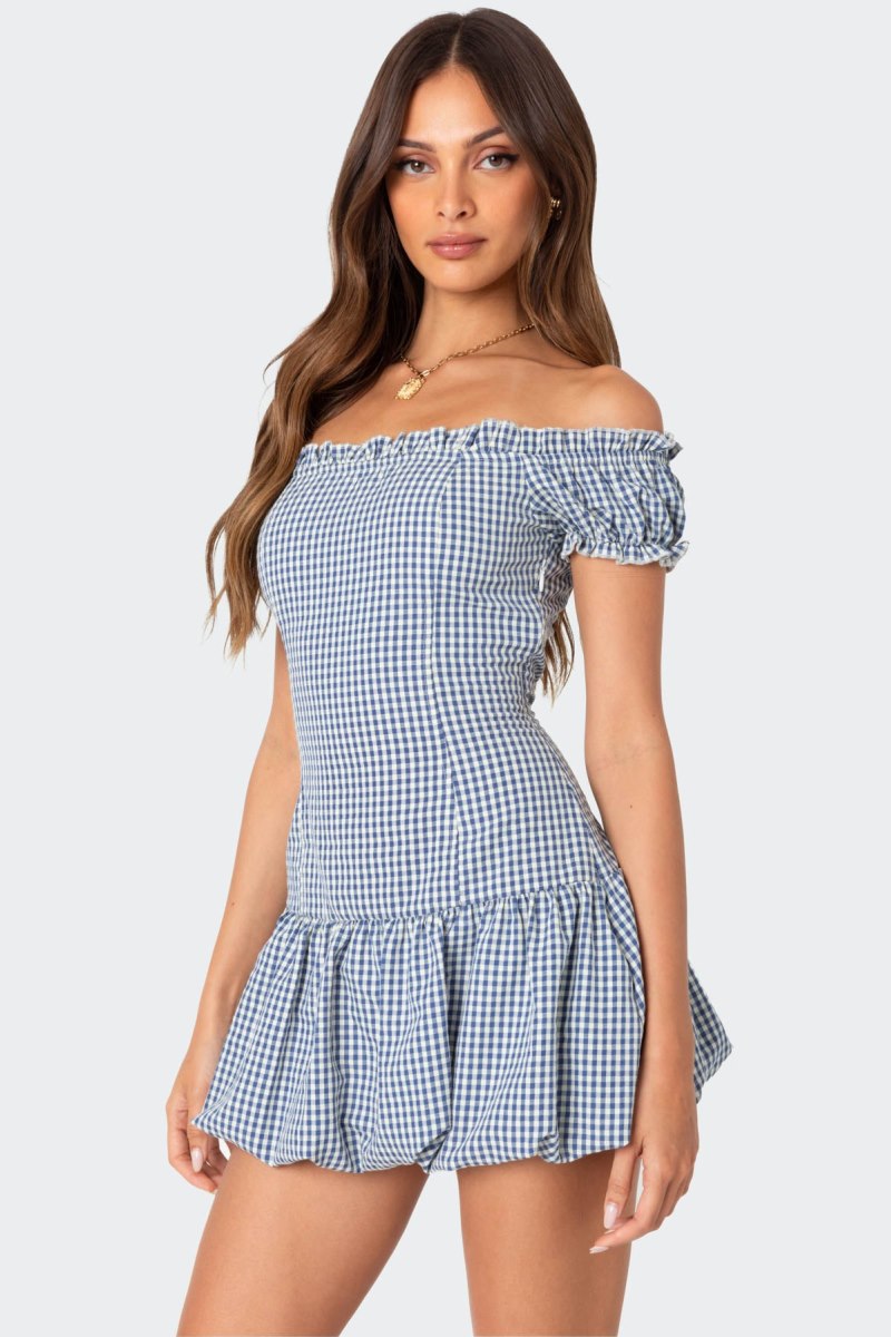 Edikted Gingham Off Shoulder Bubble Mini Dress Blue And White | USA EN955895D0