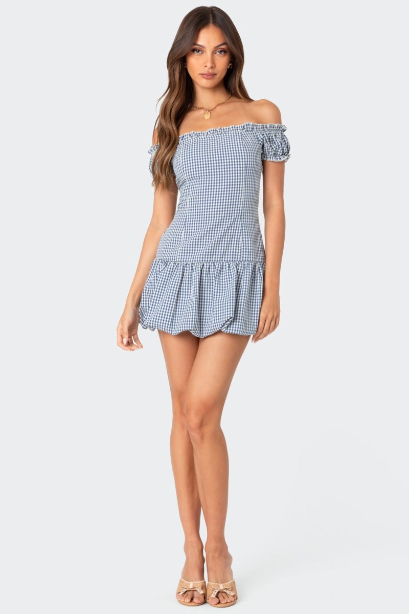 Edikted Gingham Off Shoulder Bubble Mini Dress Blue And White | USA EN955895D0