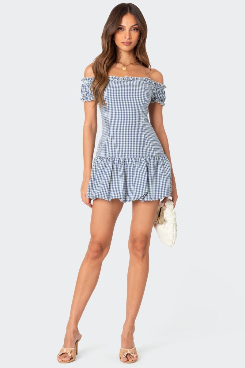 Edikted Gingham Off Shoulder Bubble Mini Dress Blue And White | USA EN955895D0