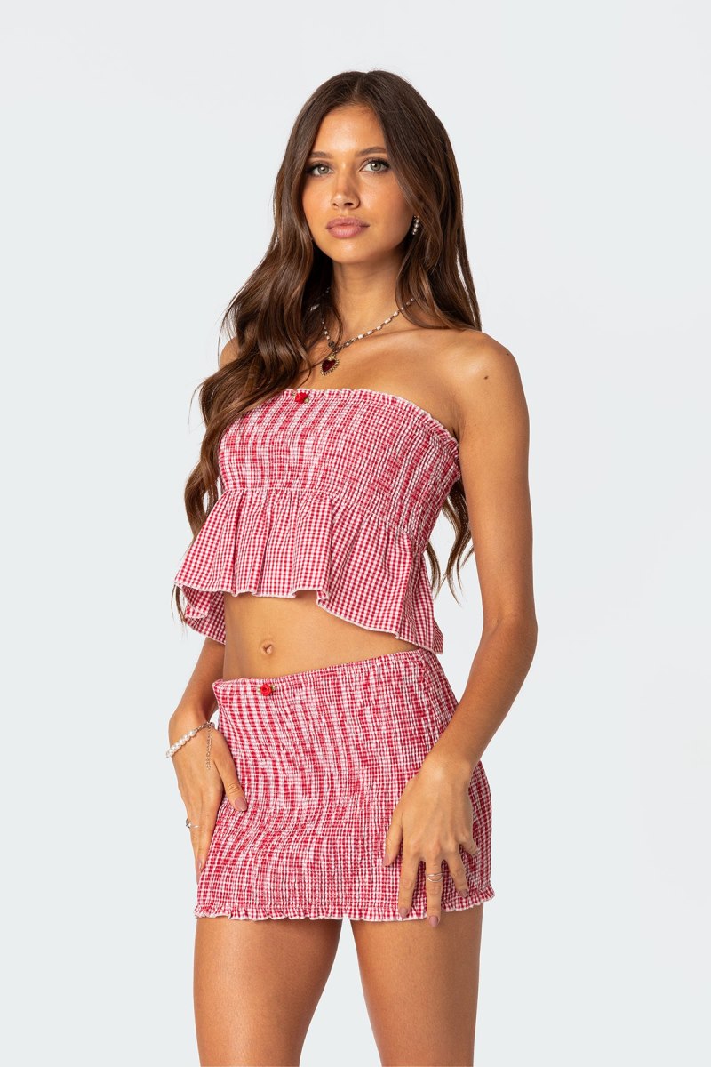 Edikted Gingham Scrunch Tube Crop Tops Red | USA NK079047Z4