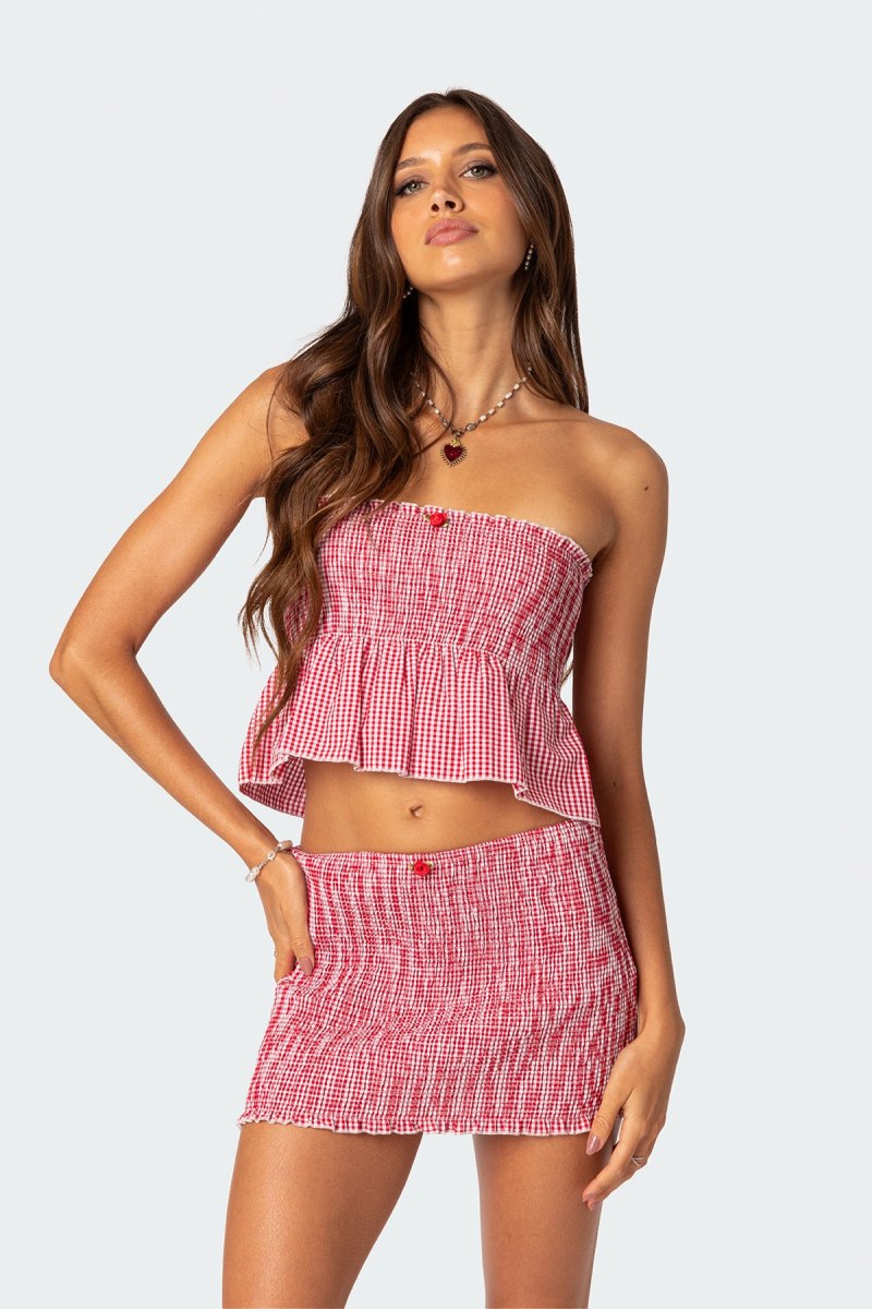 Edikted Gingham Scrunch Tube Strapless Tops Red | USA UZ772807B1