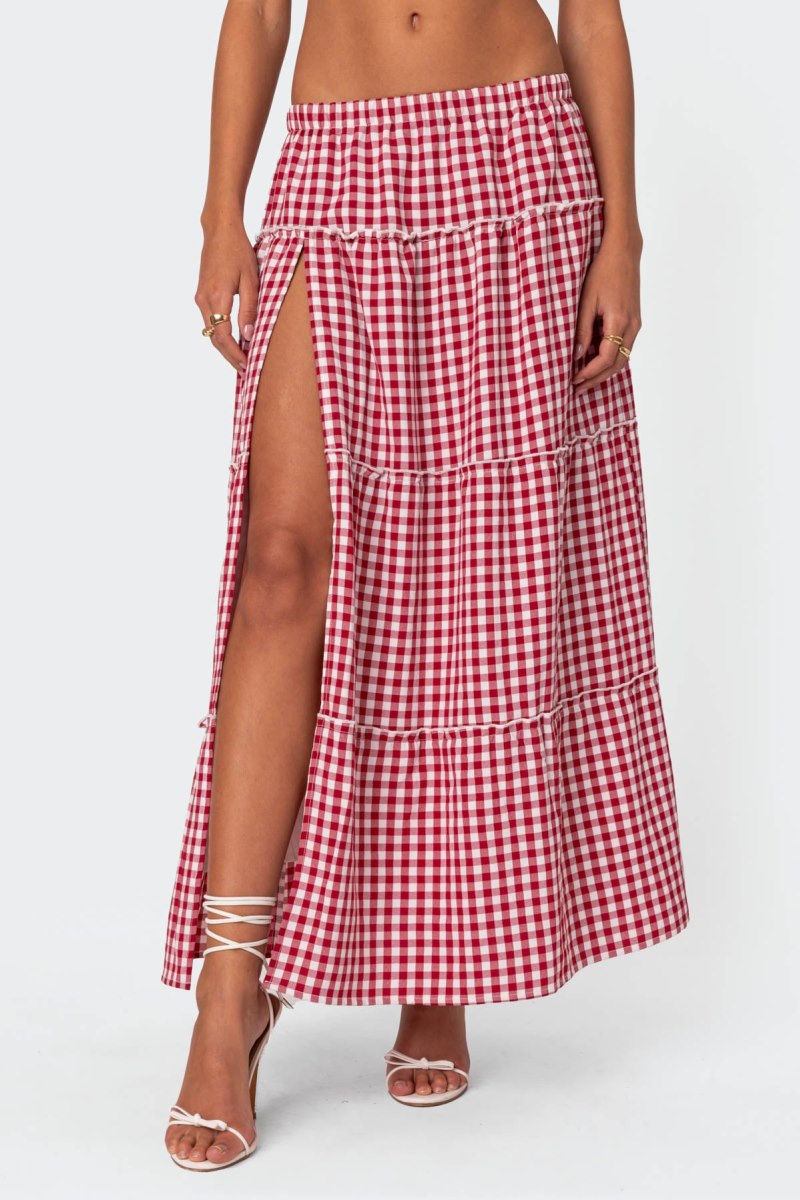 Edikted Gingham Side Slit Tiered Maxi Skirts Red | USA YX085618N3