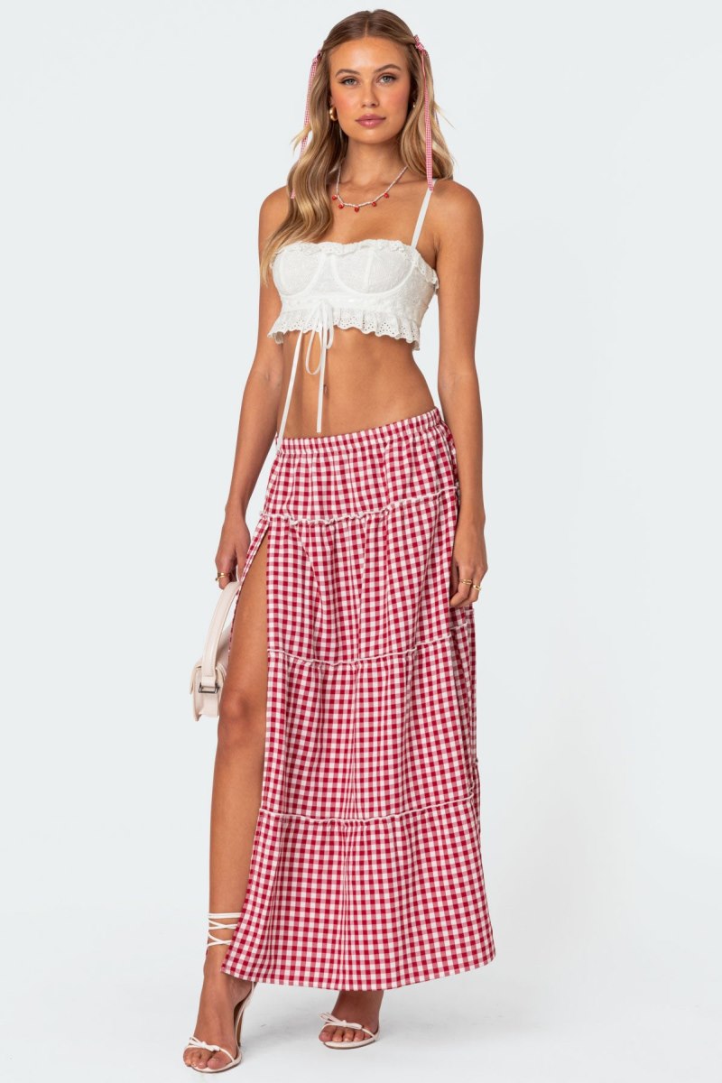 Edikted Gingham Side Slit Tiered Maxi Skirts Red | USA YX085618N3