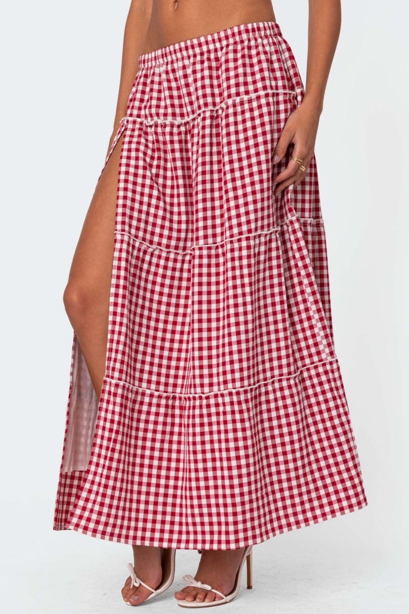 Edikted Gingham Side Slit Tiered Maxi Skirts Red | USA YX085618N3