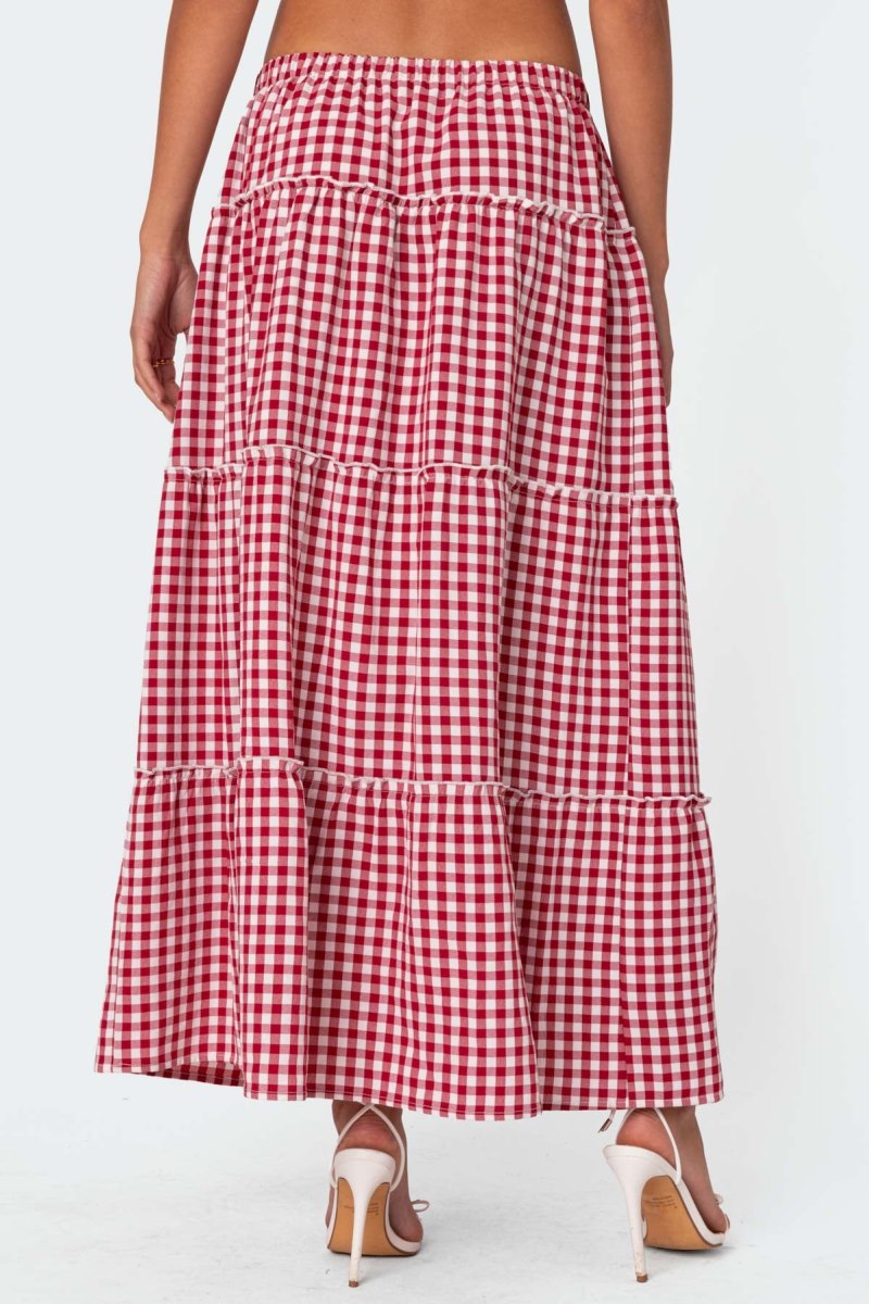 Edikted Gingham Side Slit Tiered Maxi Skirts Red | USA YX085618N3