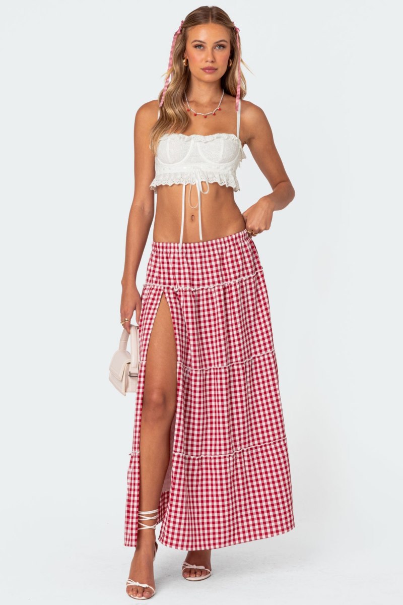 Edikted Gingham Side Slit Tiered Maxi Skirts Red | USA YX085618N3