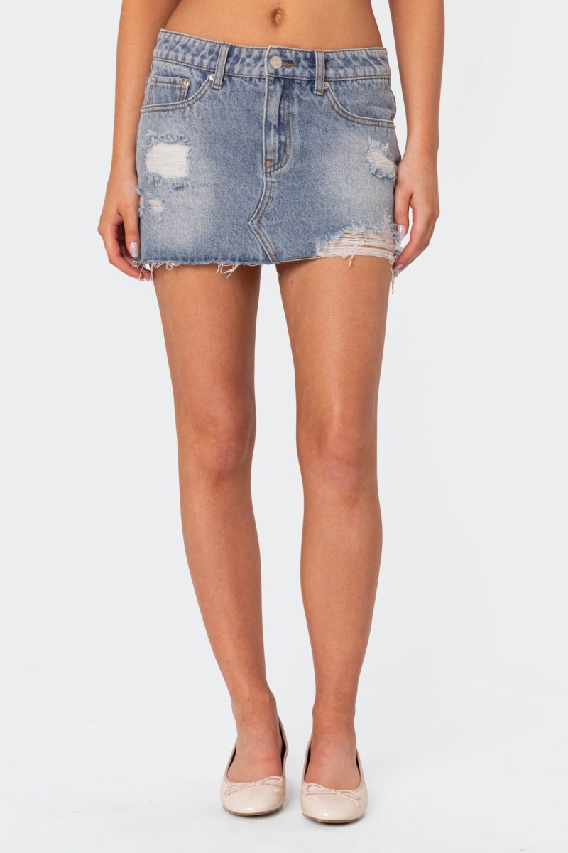 Edikted Ginnie Low Rise Distressed Denim Mini Skirts Light Blue | USA WK708810A7