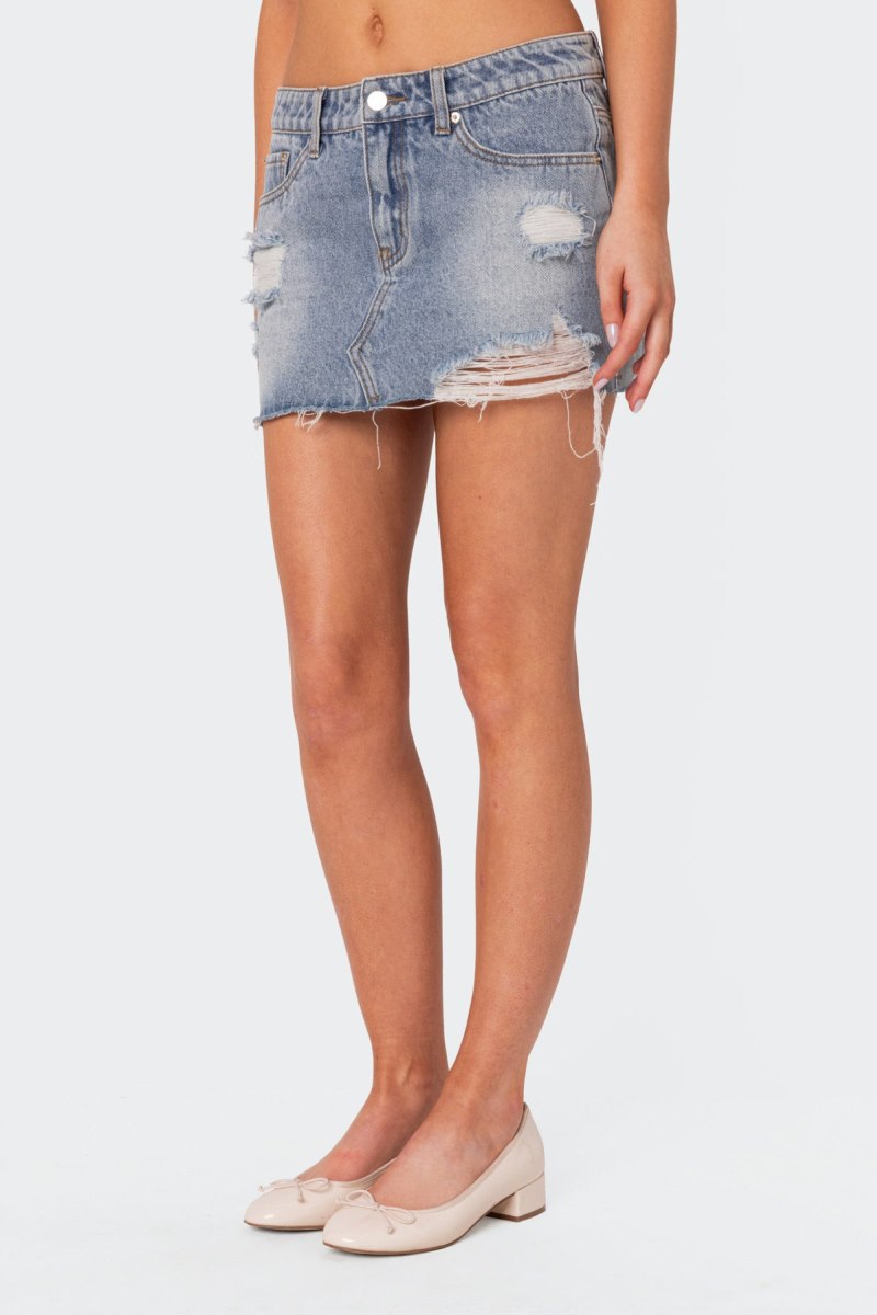 Edikted Ginnie Low Rise Distressed Denim Mini Skirts Light Blue | USA WK708810A7