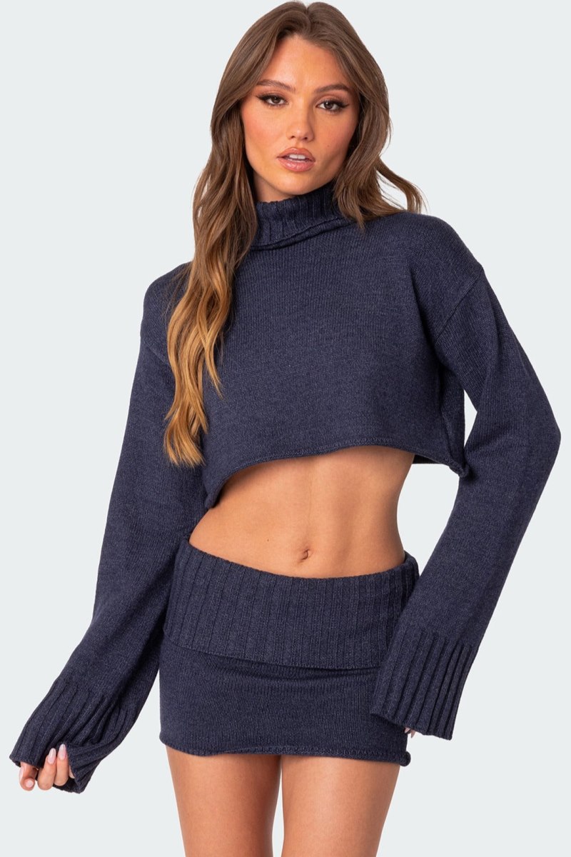 Edikted Gino Cropped Turtle Neck Sweater Crop Tops Blue Melange | USA GK078417M3