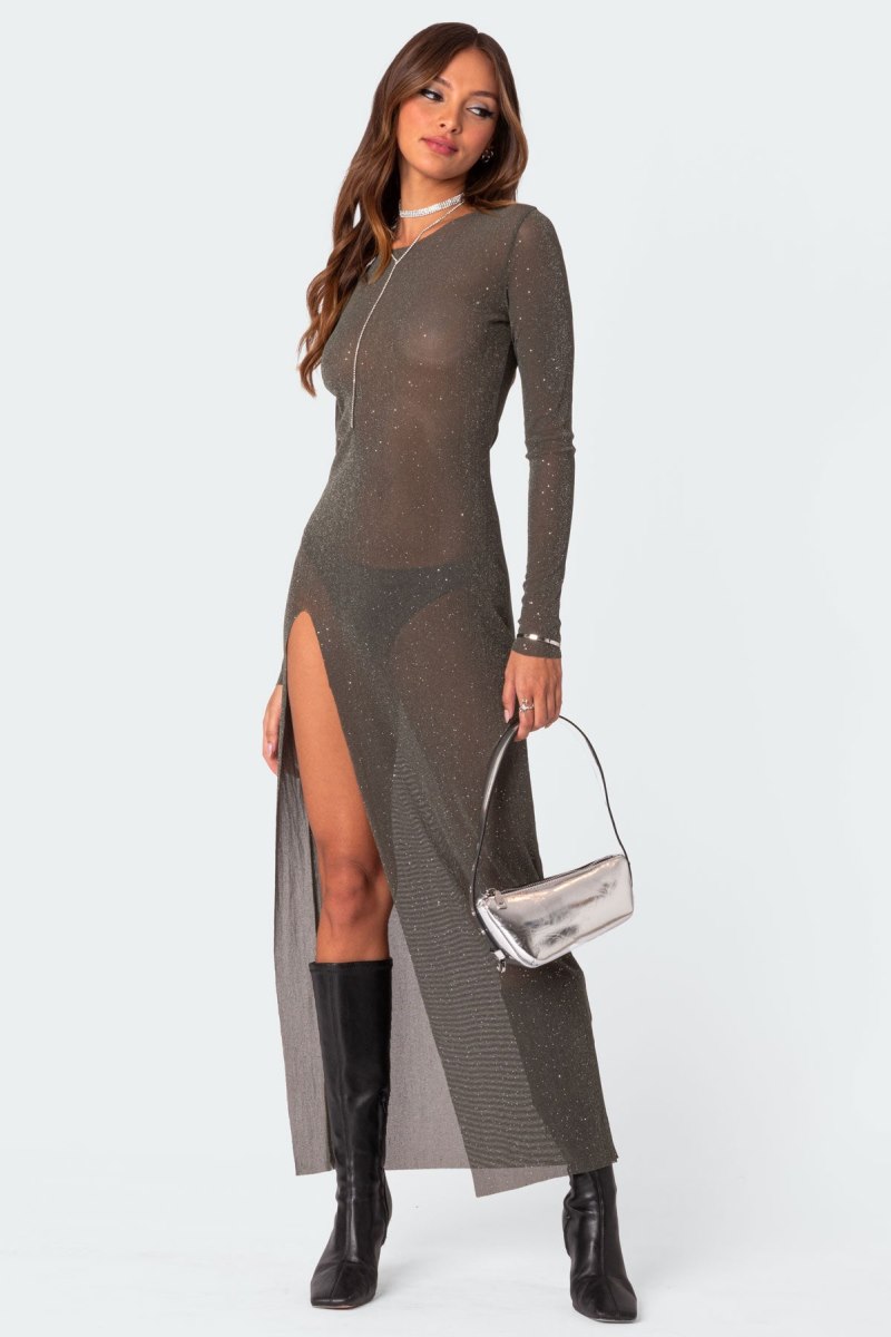 Edikted Glitter Mesh Slitted Maxi Dress Maxi Dress Black | USA PW787488I9