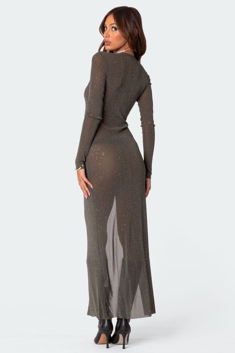 Edikted Glitter Mesh Slitted Maxi Dress Maxi Dress Black | USA PW787488I9