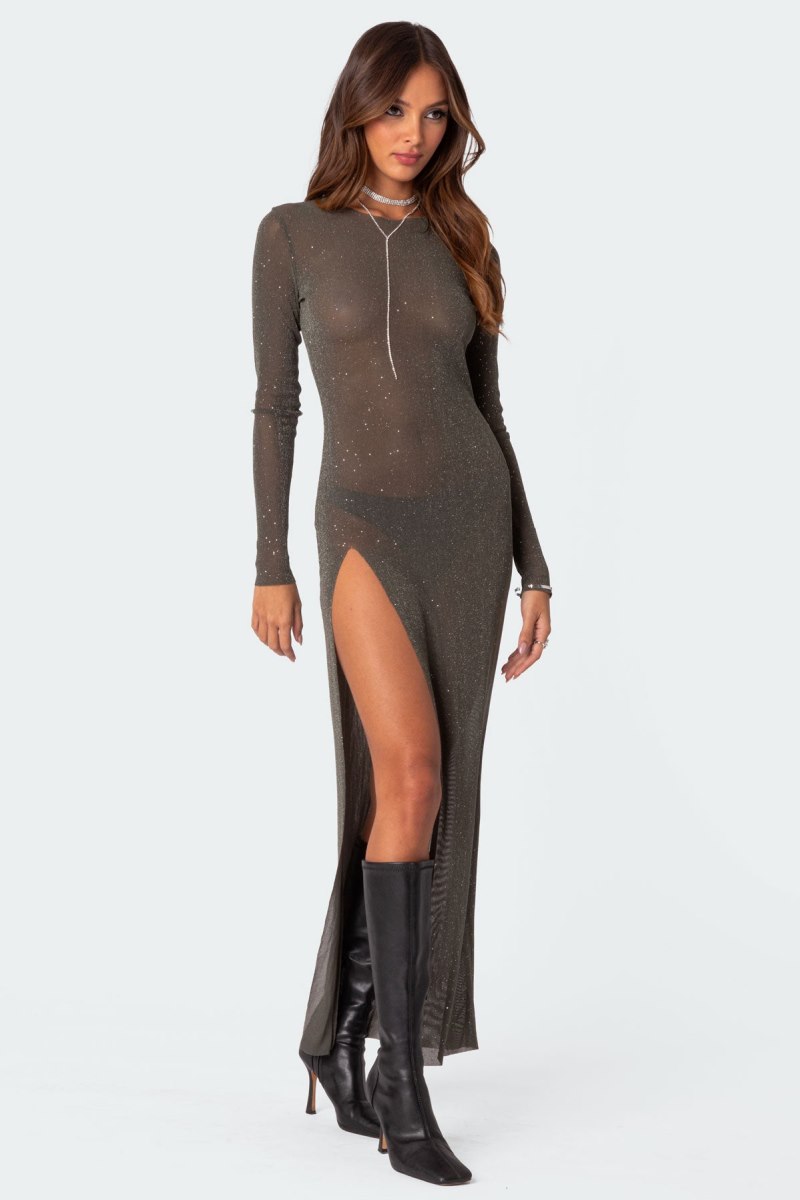 Edikted Glitter Mesh Slitted Maxi Long Sleeve Dress Black | USA DE140814M5