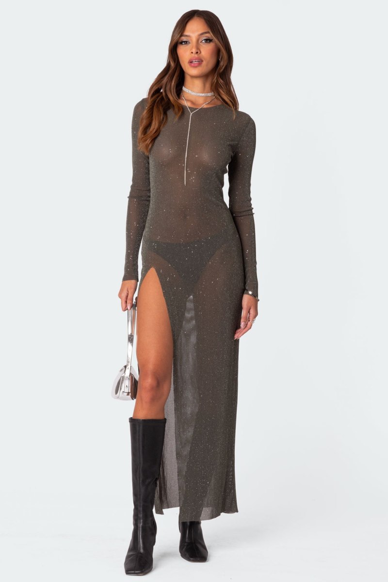 Edikted Glitter Mesh Slitted Maxi Long Sleeve Dress Black | USA DE140814M5