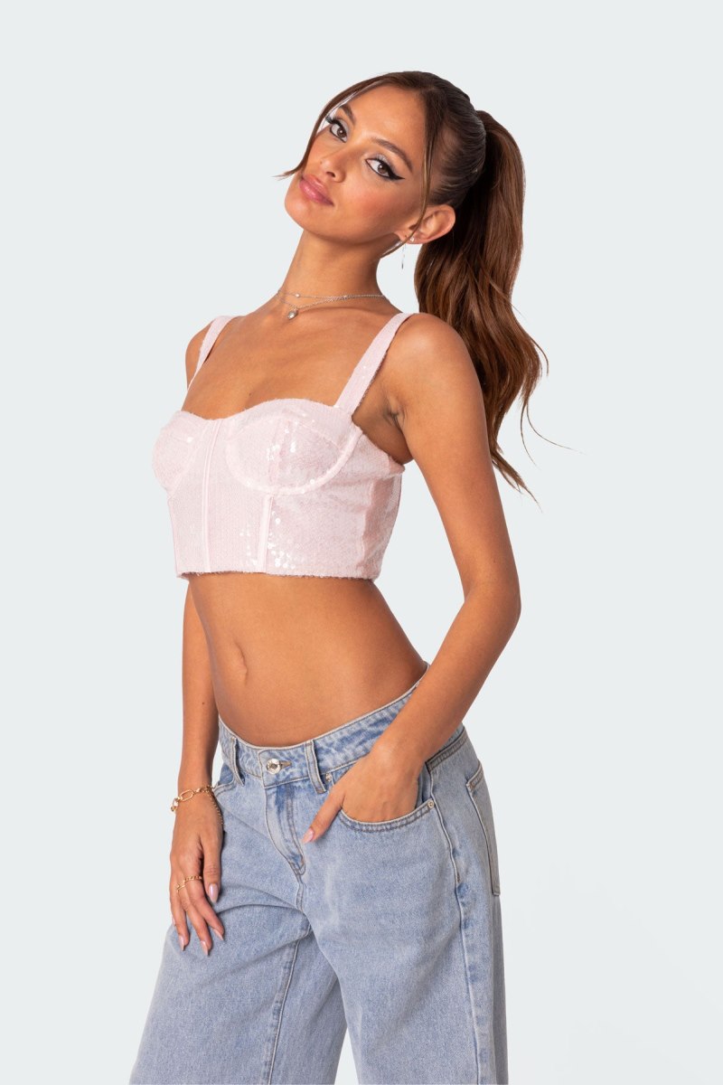 Edikted Glitzy Sequin Corset Light Pink | USA ZG110611G3