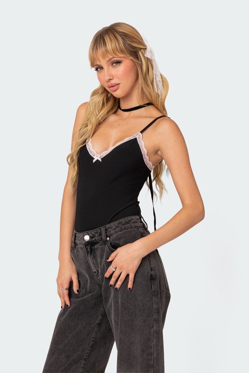 Edikted Gloria Ribbed Bodysuit Black | USA TW572857S3