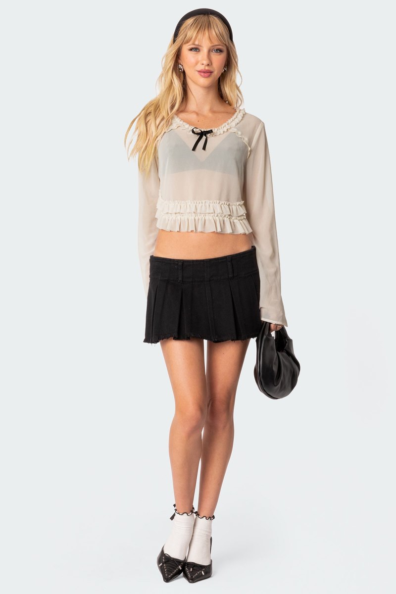 Edikted Grace Sheer Ruffle Chiffon Long Sleeve Tops Beige | USA IW118501S3