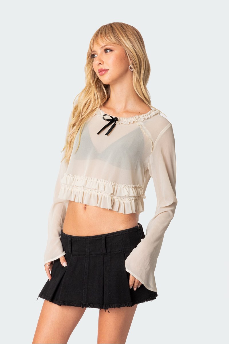 Edikted Grace Sheer Ruffle Chiffon Long Sleeve Tops Beige | USA IW118501S3