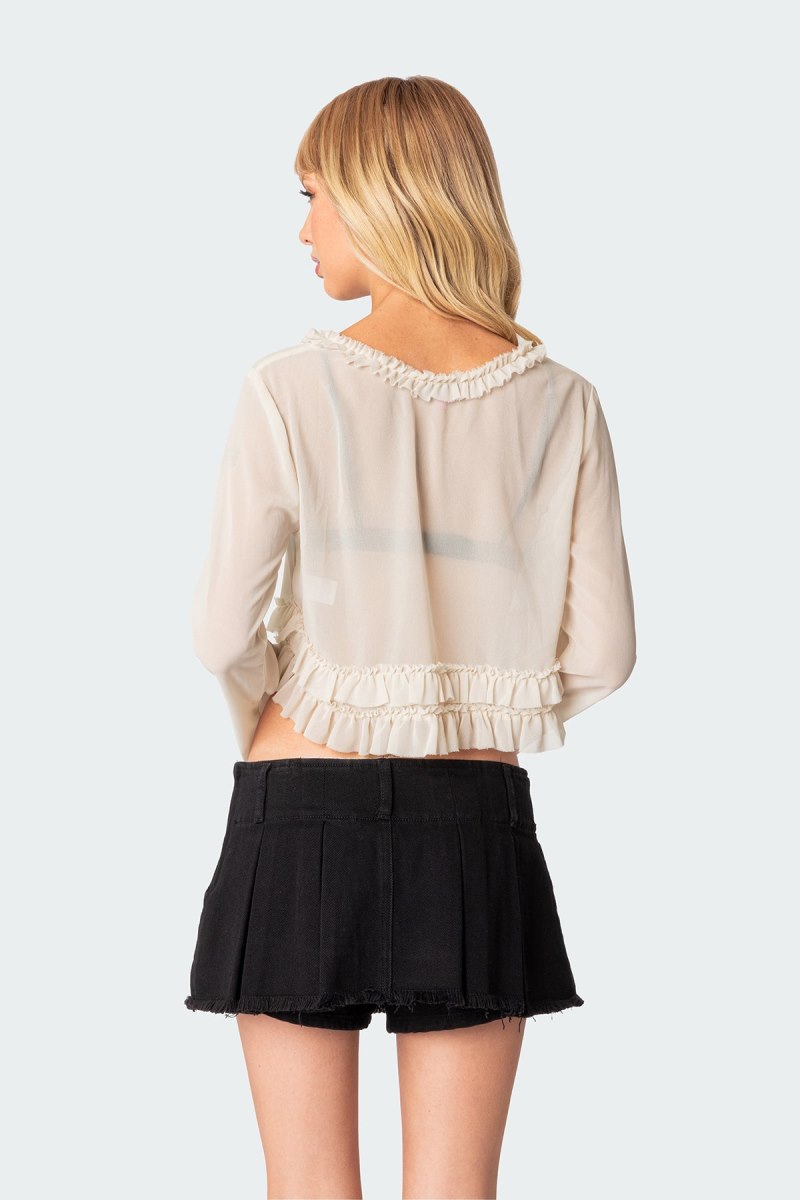 Edikted Grace Sheer Ruffle Chiffon Long Sleeve Tops Beige | USA IW118501S3