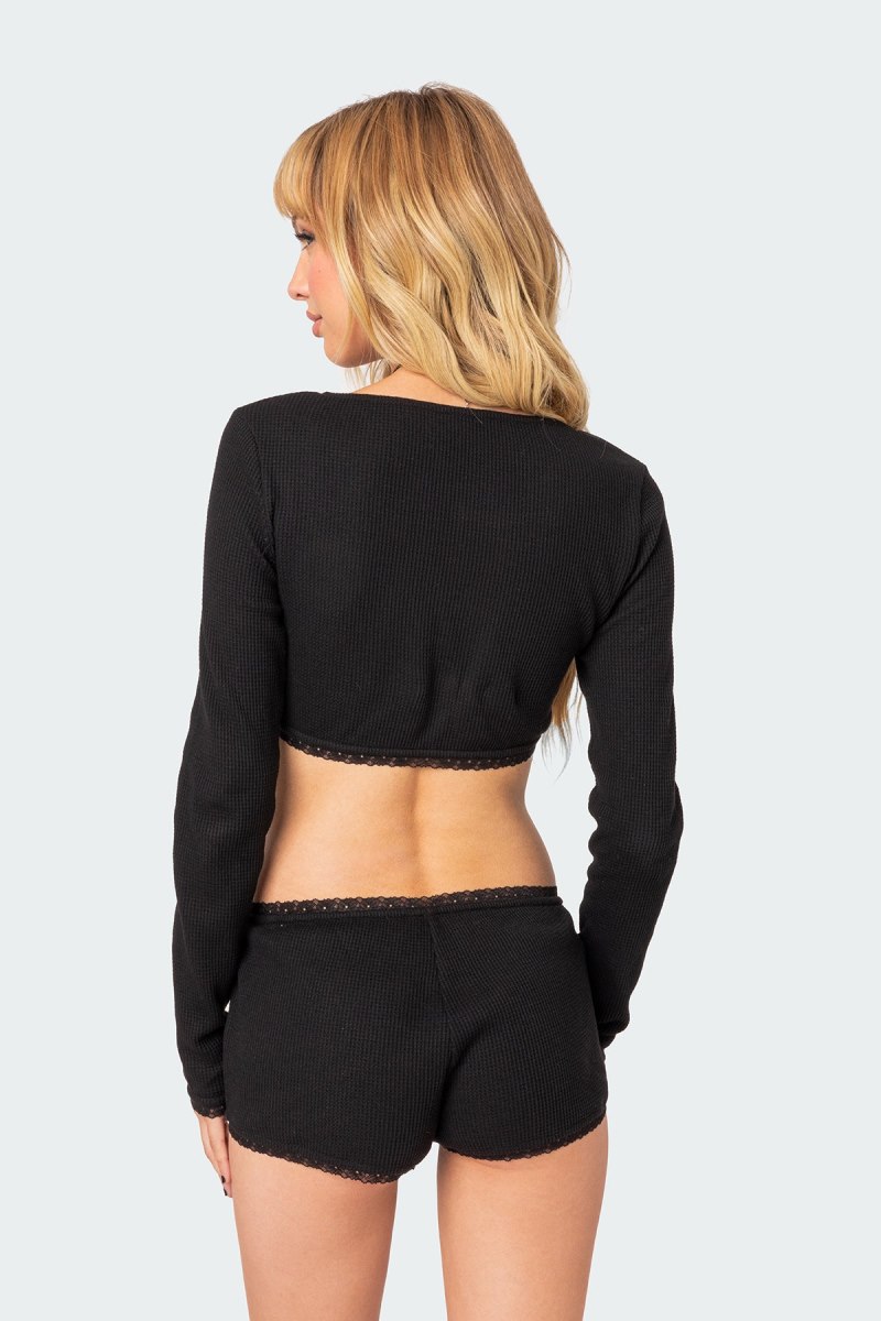 Edikted Grwm Waffle Crop Tops Black | USA KI210301I1