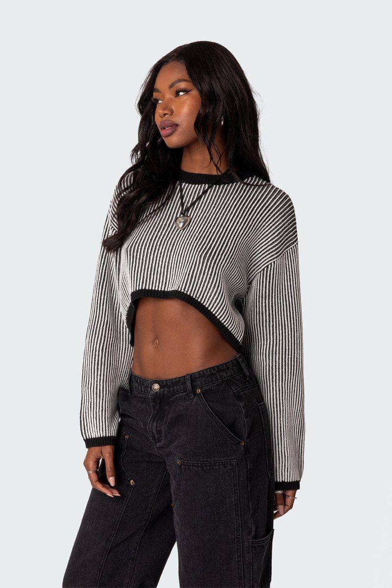 Edikted Gwenyth Textured Cropped Sweater Long Sleeve Tops Black And White | USA VH037803T5