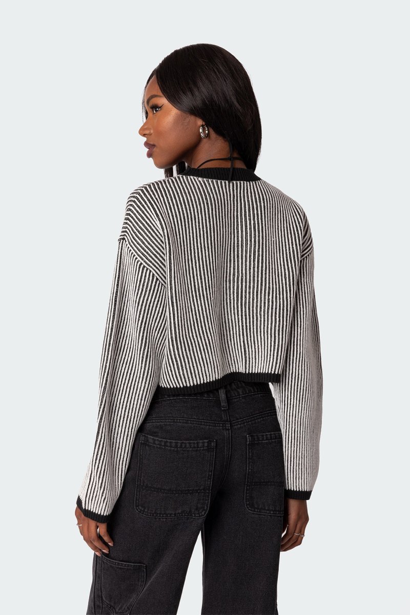 Edikted Gwenyth Textured Cropped Sweater Long Sleeve Tops Black And White | USA VH037803T5
