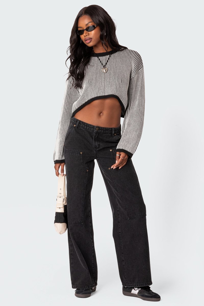 Edikted Gwenyth Textured Cropped Sweater Black And White | USA OQ671517B0