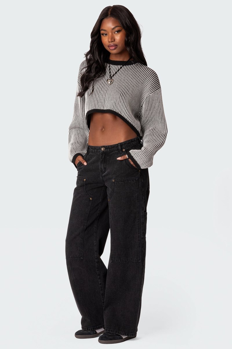 Edikted Gwenyth Textured Cropped Sweater Black And White | USA OQ671517B0