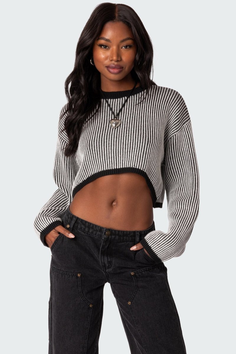 Edikted Gwenyth Textured Cropped Sweater Black And White | USA OQ671517B0
