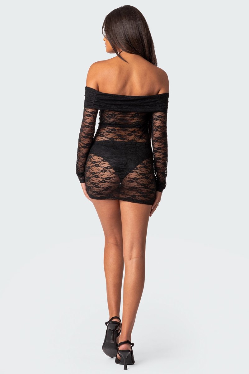 Edikted Halle Sheer Lace Mini Dress LBD Black | USA TD655505K0