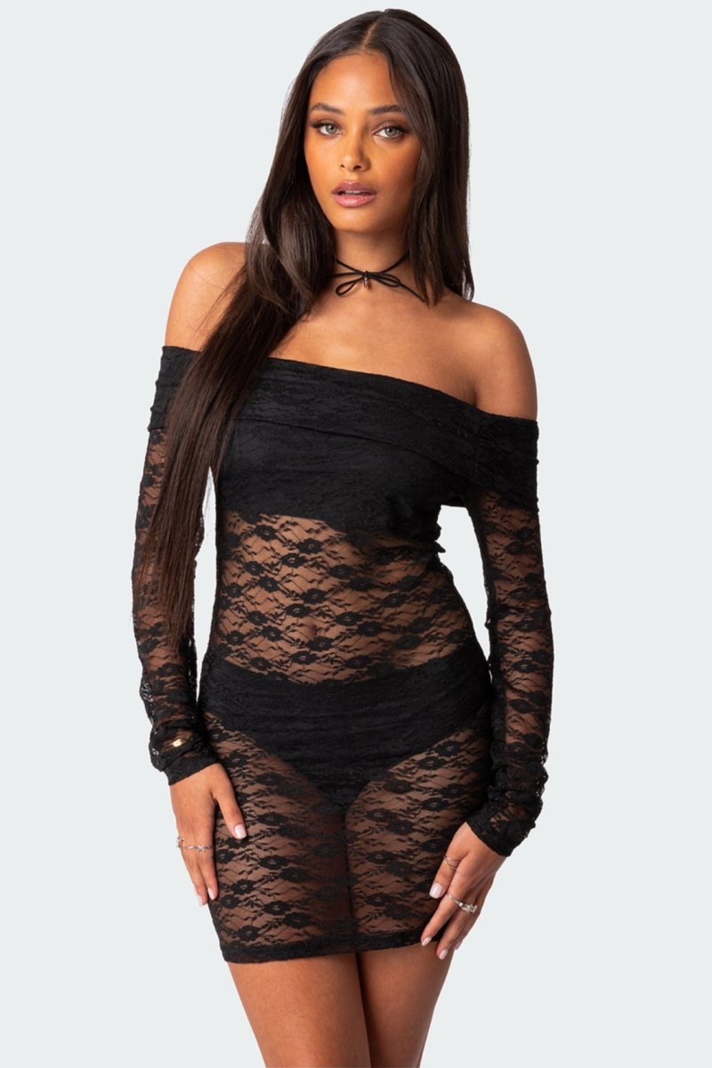 Edikted Halle Sheer Lace Mini Dress LBD Black | USA TD655505K0