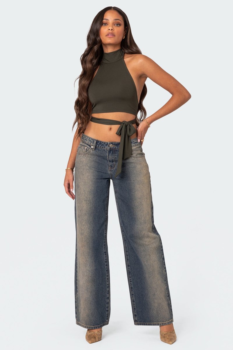 Edikted Hamlin Wrap Tie Crop Tops Navy | USA BV337963S3