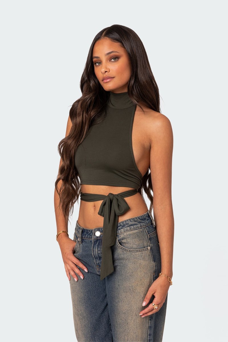 Edikted Hamlin Wrap Tie Crop Tops Navy | USA BV337963S3