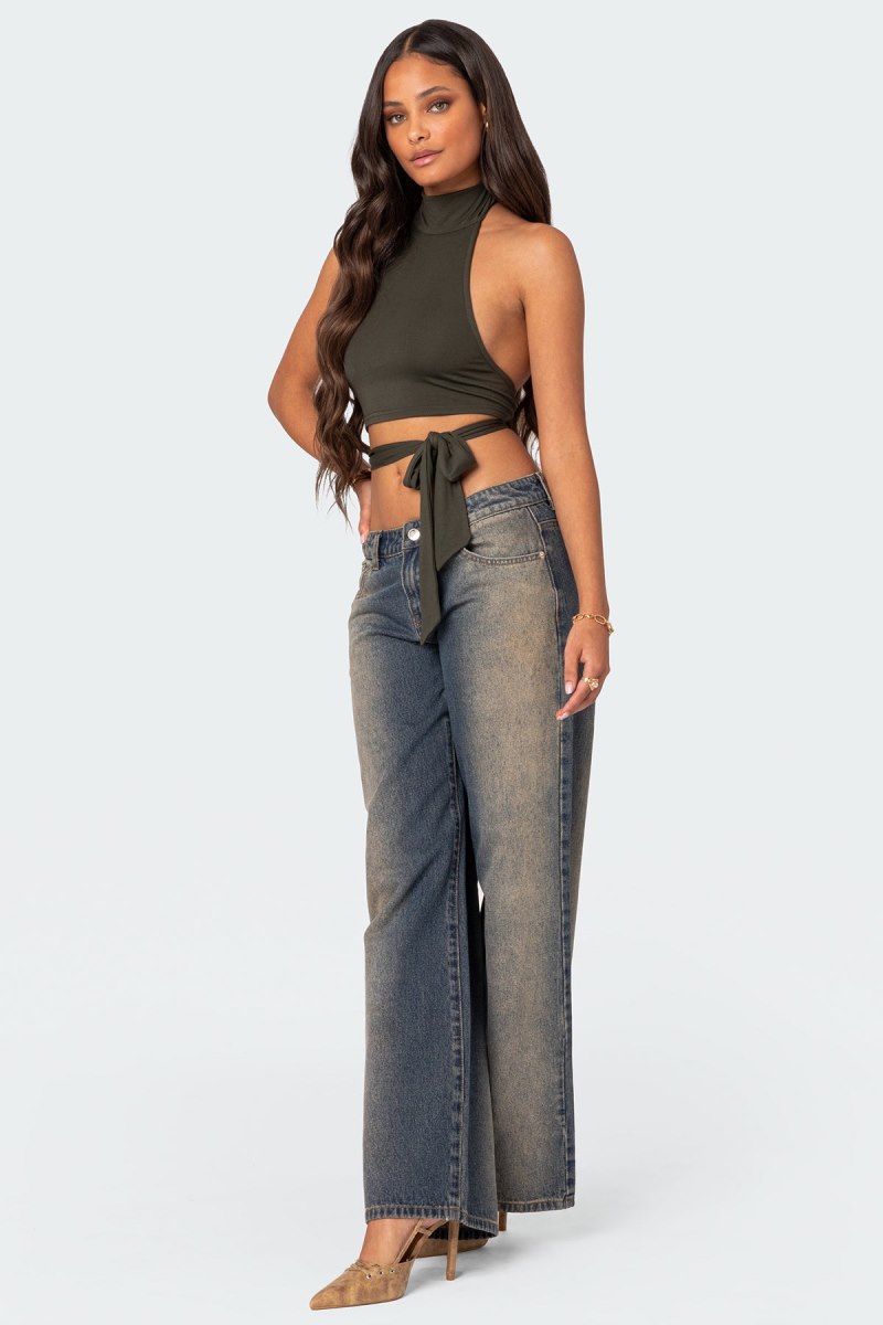 Edikted Hamlin Wrap Tie Crop Tops Navy | USA BV337963S3