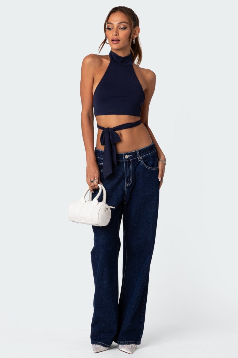 Edikted Hamlin Wrap Tie Crop Tops Navy | USA RX627642I0