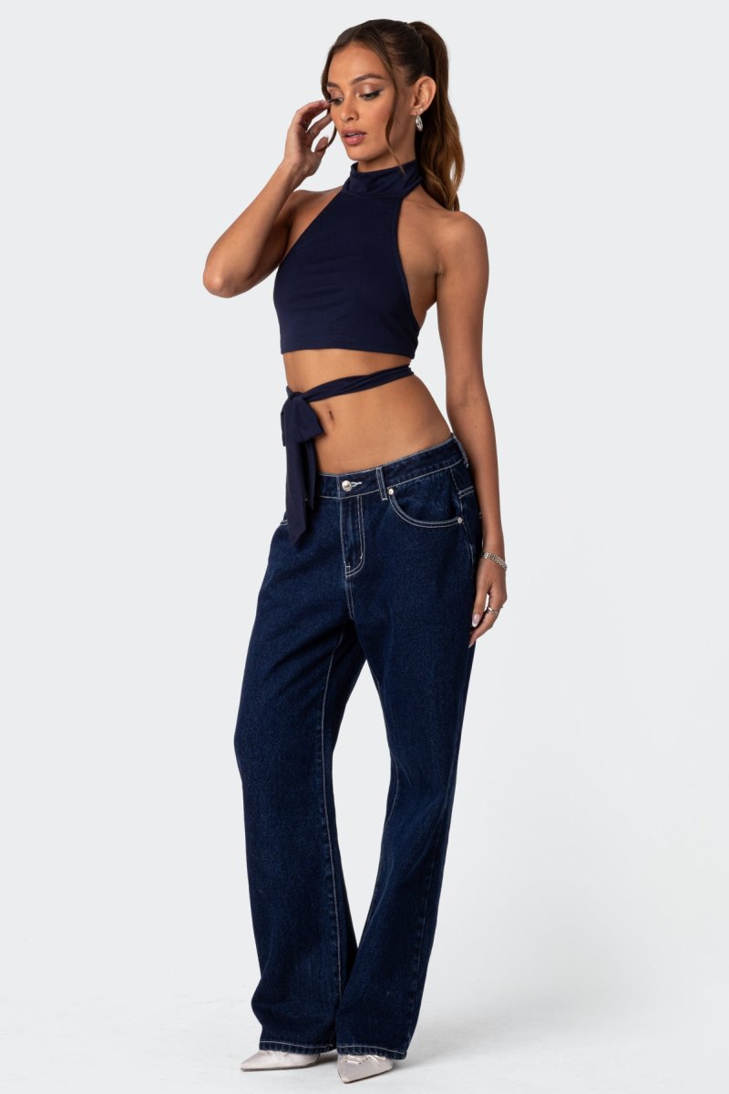 Edikted Hamlin Wrap Tie Crop Tops Navy | USA RX627642I0