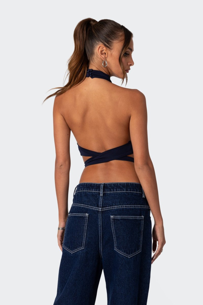 Edikted Hamlin Wrap Tie Crop Tops Navy | USA RX627642I0
