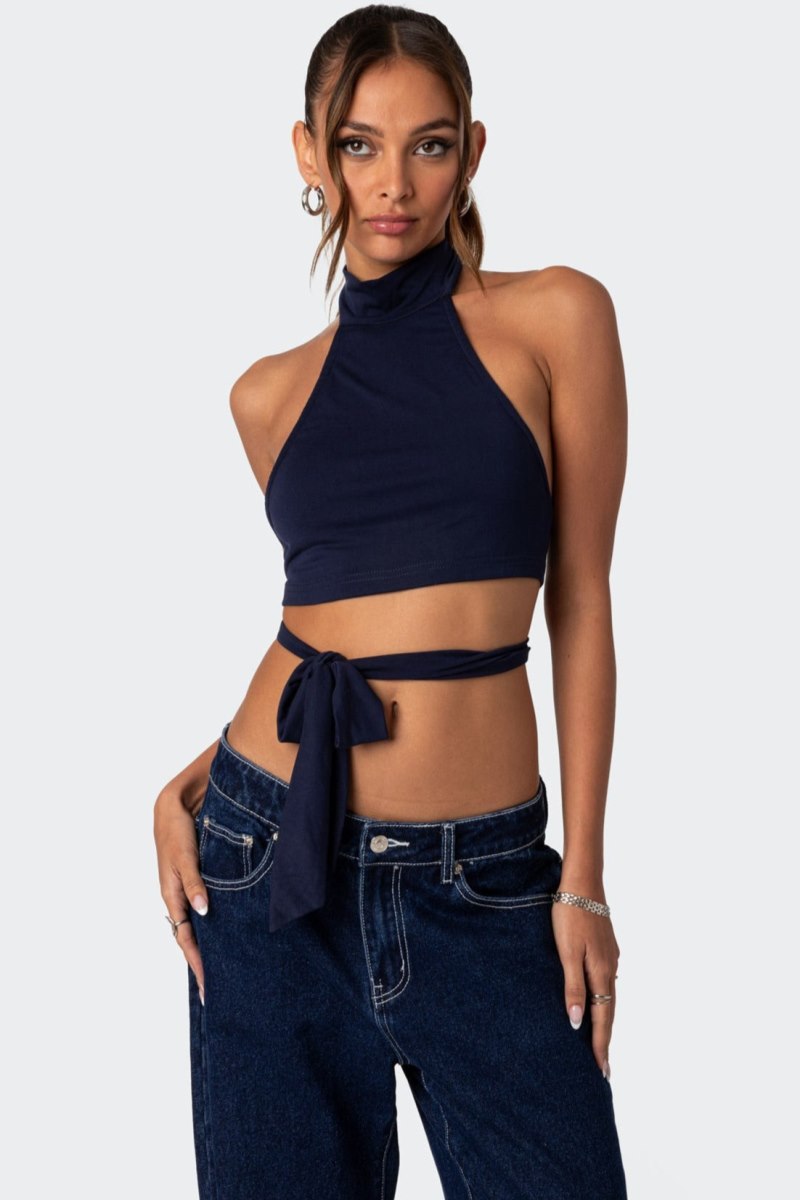 Edikted Hamlin Wrap Tie Crop Tops Navy | USA RX627642I0
