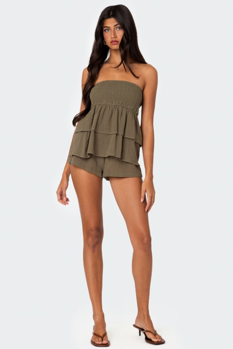 Edikted Harleigh Ruffled Linen Look Tube Strapless Tops Cream | USA PB301630W8
